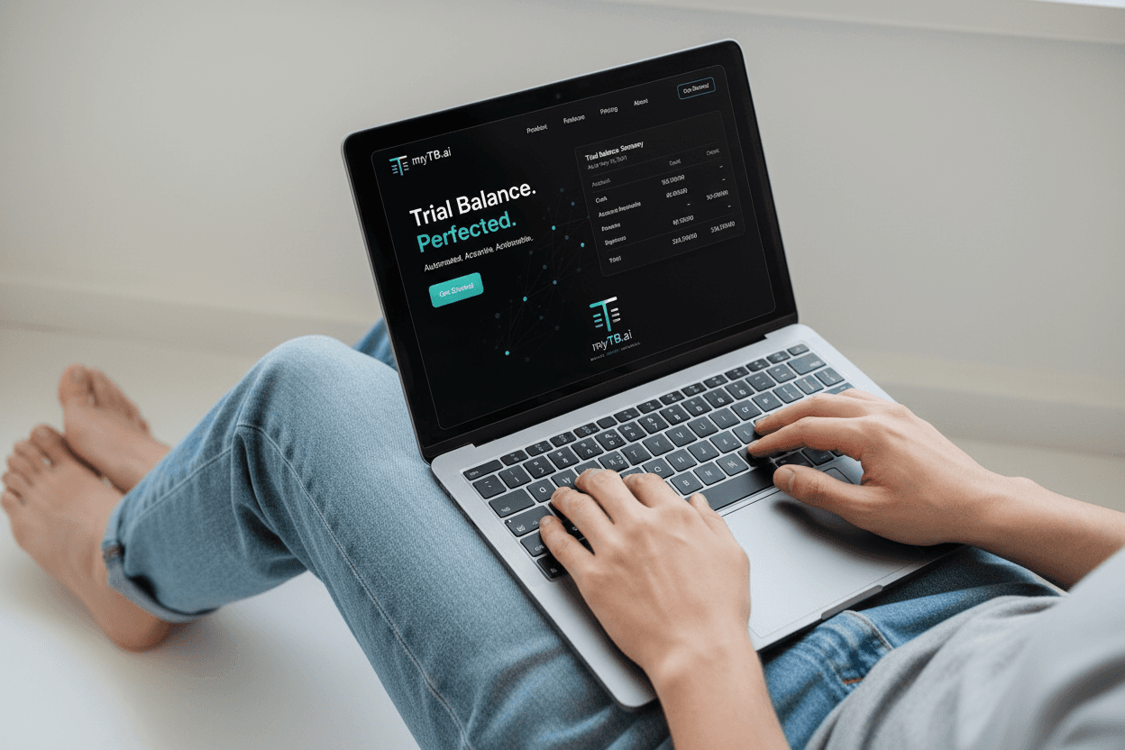 myTB.ai trial balance workspace shown on a laptop